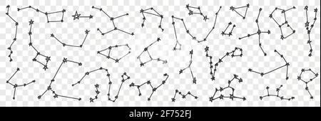 Ensemble d'étoiles constellation sur le ciel. Collection de diverses constellation d'étoiles de ciel dessinées à la main de formes différentes brillant brillant isolé sur fond transparent Illustration de Vecteur