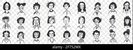 Coiffures de brunette femmes et hommes ensemble de doodle. Collection de visages féminins et masculins dessinés à la main avec divers portraits de coiffures droites et bouclés, courts et longs, isolés sur fond transparent Illustration de Vecteur