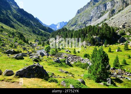 Vallée de montagne sous le mont Vignemale, parc national Pyrénées, Occitanie dans le sud de la France. Banque D'Images