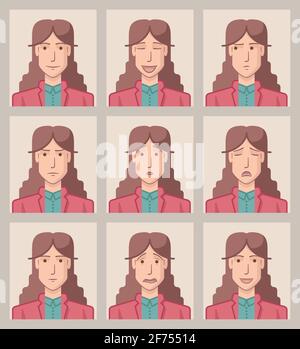 Neuf dessins d'une jeune femme d'affaires avec différentes expressions du visage. Illustration de Vecteur