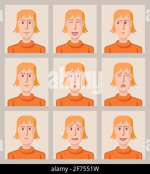 Neuf dessins d'un jeune homme avec différentes expressions du visage. Illustration de Vecteur