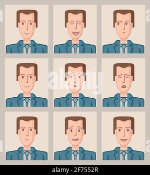 Neuf dessins d'un jeune homme d'affaires avec différentes expressions du visage. Illustration de Vecteur