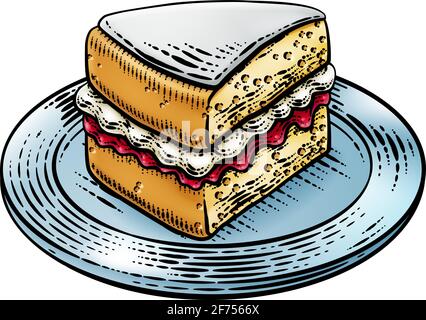 Gâteau Eponge Slice Jam Cream Woodcut dessin Illustration de Vecteur