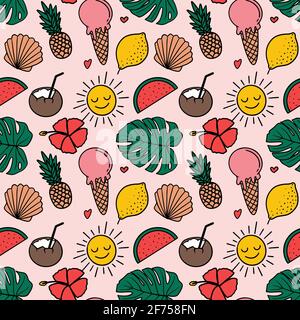 Motif tropical d'été sans couture dans un style simple avec des fruits, de la glace, du soleil et des feuilles. Illustration vectorielle isolée Illustration de Vecteur