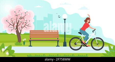 Femme à vélo dans le parc, sur le paysage de printemps. Illustration vectorielle de style plat, concept à venir au printemps Illustration de Vecteur