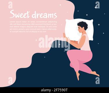 Jeune femme dormant. Sweet Dreams concept, sommeil santé. Modèle de conception avec posture de sommeil pour publicité, bannière, prospectus, mise en page Illustration de Vecteur