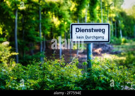 Panneau: Dienstweg kein Durchgang (en allemand pour: Voie de service, pas de passage), vu près de l'autoroute à Ratingen, Rhénanie-du-Nord-Westphalie, Allemagne Banque D'Images