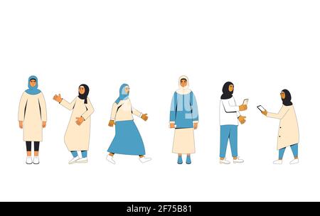 Jeunes femmes musulmanes. Les adolescentes portent des vêtements hijab et décontractés isolés sur un fond blanc. Illustrateur de ligne de couleur vectorielle Illustration de Vecteur