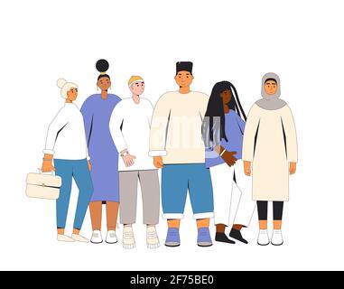 Groupe d'adolescents divers debout ensemble. Les jeunes filles et les jeunes amis se portent dans des vêtements décontractés. Garçons et filles s'embrassant. Couleur vectorielle Illustration de Vecteur