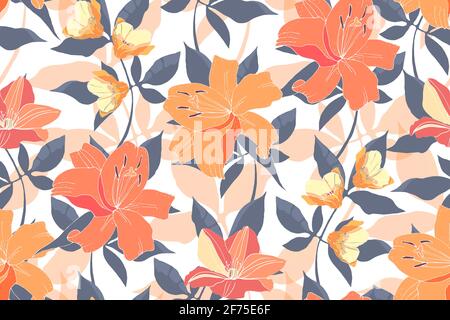 Motif floral art avec nénuphars et clématis. Fleurs de jardin roses et orange avec des feuilles grises et orange pâle isolées sur un fond blanc. Banque D'Images