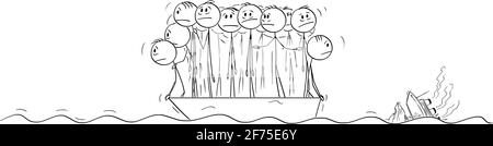 Groupe de personnes ou d'hommes d'affaires debout sans ressources sur petit canot de sauvetage, Ocean Ship est en train de couler sur fond. Illustration de la figure du bâton de dessin vectoriel Illustration de Vecteur