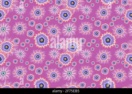 Motif fleuri artistique sans coutures. Fleurs blanches et violettes abstraites sur fond rose foncé. Pour le textile, le textile pour la maison et la cuisine, le papier peint, Banque D'Images