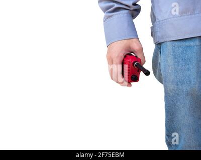 Les ingénieurs portant une veste de sécurité jaune haute visibilité tenant un talkie-walkie rouge isolé sur fond blanc avec espace de copie. Banque D'Images