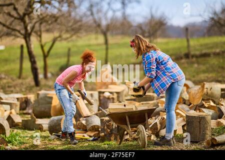 deux femmes travaillent ensemble pour mettre du bois de chauffage pour l'hiver Banque D'Images