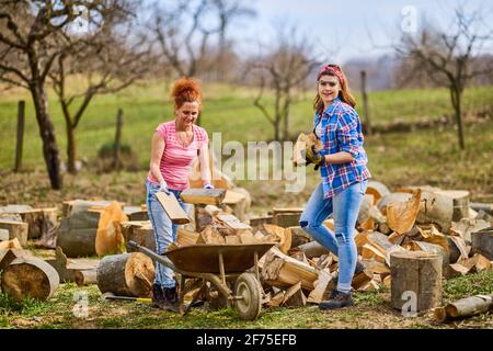 deux femmes travaillent ensemble pour mettre du bois de chauffage pour l'hiver Banque D'Images