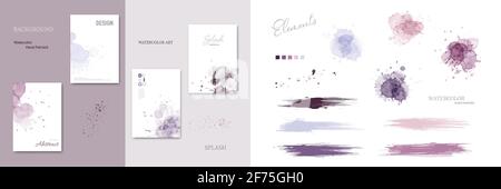 Jeu de taches d'aquarelle et de traits de pinceau. Des éléments vectoriels artistiques peints à la main isolés peuvent être utilisés pour décorer des couvertures, des cartes de vœux et des affiches Illustration de Vecteur