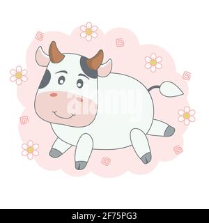 Adorable petite vache de dessin animé isolée sur fond rose avec des fleurs. Illustration de Vecteur