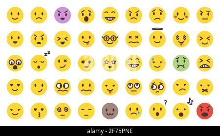 Ensemble Emoji plat couleur dessin animé. Collection d'émoticônes jaune vecteur isolée sur blanc. Humeur et sourires faciaux. Drôle, en colère, heureux et triste visages icônes Web pour le message. Illustration de Vecteur