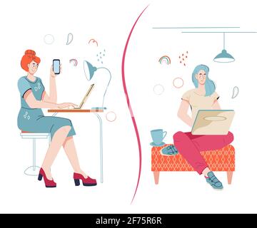 Indépendant vs travail de bureau concept avec des femmes travaillant à la maison et au bureau. Comparaison entre le travail à distance et le lieu de travail indépendant, vecteur plat isolé o Illustration de Vecteur