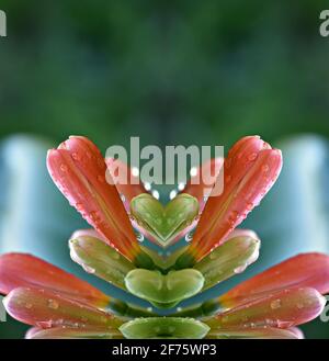 Clivia miniata (nénuphars) plante à fleurs native avec de longues feuilles en arc, des feuilles ressemblant à des sangles et des fleurs orange en forme d'entonnoir sur un vert naturel. Banque D'Images