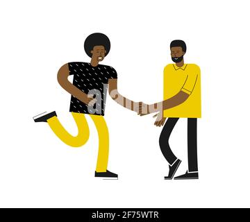 Vecteur isolé plat concept avec deux hommes afro-américains. Des amis heureux se sont rencontrés, heureux de se voir, sourire et serrer les mains. Guy parle Illustration de Vecteur