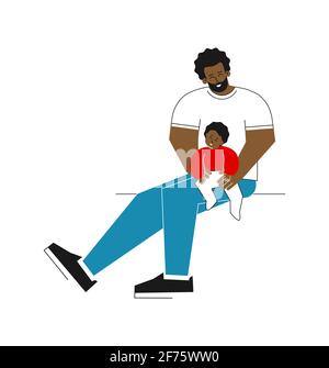 Concept plat à isolation vectorielle. Le père afro-américain heureux est assis et tient sur les mains peu de babby. Papa sourit avec son enfant joyeux. Jeune parent Illustration de Vecteur