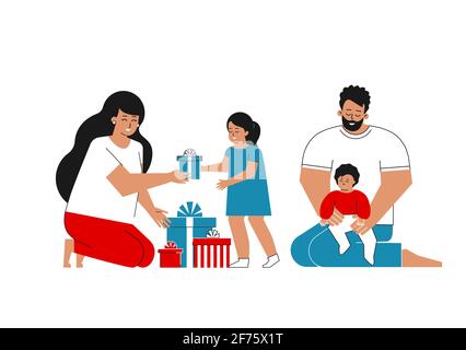 Concept plat à isolation vectorielle. La famille latino-américaine de caricature célèbre les fêtes. La fille reçoit une boîte cadeau de maman, papa est assis avec bébé. Illustration de Vecteur