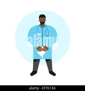 Concept plat à isolation vectorielle. Médecin afro-américain debout et tenant des documents. Sympathique medic (homme) est vêtu de robe bleue Illustration de Vecteur