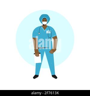 Concept vectoriel plat. Caricature africaine américaine médecin femme tient des notes. L'infirmière heureuse (fille) est vêtue d'un uniforme médical bleu, masque facial Illustration de Vecteur