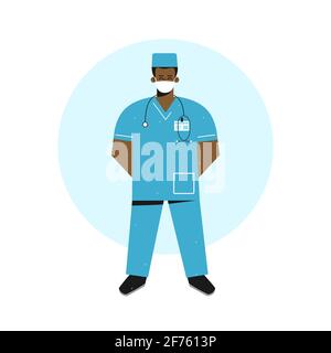 Concept vectoriel plat. Caricature l'infirmière afro-américaine reste haute avec le stéthoscope. Le médecin heureux (homme) est vêtu d'un uniforme médical bleu Illustration de Vecteur