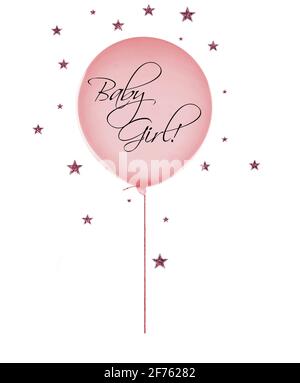 Naissance de la petite fille, ballon rose amusant sur fond blanc. Banque D'Images