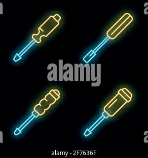Jeu d'icônes de tournevis. Ensemble de contours d'icônes vectorielles de tournevis couleur néon sur noir Illustration de Vecteur