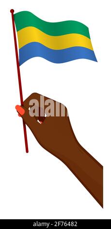 La main femelle tient doucement le petit drapeau du Gabon. Élément de design des fêtes. Vecteur de dessin animé sur fond blanc Illustration de Vecteur