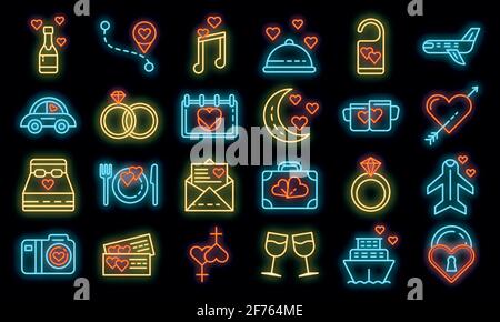 Icônes lune de miel. Ensemble de contours de lune de miel vecteur icônes couleur néon sur noir Illustration de Vecteur