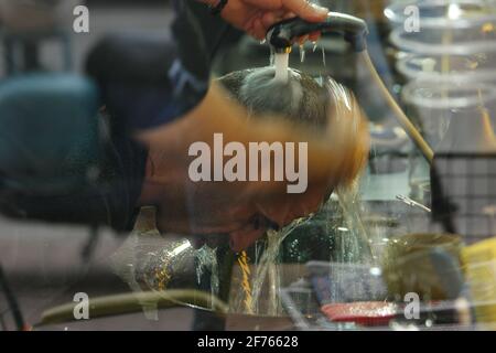 Gros plan de la tête de lavage de coiffeur d'un client dans le salon de coiffure. Banque D'Images