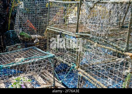 Idée de Staycation. Gros plan des vieilles marmites de homard et de crabe sur la plage de Stade, Hastings. East Sussex, Angleterre du Sud-est, Royaume-Uni. Banque D'Images