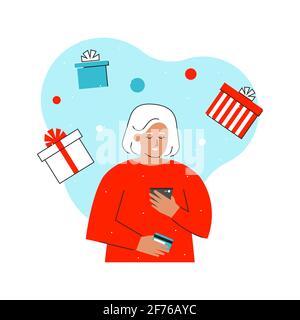 Vector Flat concept avec une femme âgée de race blanche. La femme blonde entre les détails de la carte bancaire pour commander des cadeaux. Elle utilise l'application mophile du marché de l'e-commerce Illustration de Vecteur