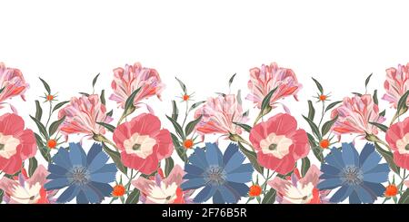 Motif fleuri vectoriel sans coutures. Bordure avec de jolies fleurs bleues et roses. Chicorée bleue, ipomoea rose avec des feuilles vertes isolées sur un fond blanc. Banque D'Images