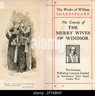 Frontispice et page de titre de la pièce de Shakespeare les femmes Joyeuses de Windsor. Acte II. Scène 1. Mme page, «lettre pour lettre, mais que le nom de page et Ford diffère». Des œuvres de William Shakespeare, publié vers 1900 Banque D'Images