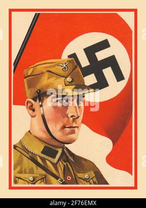 Vintage Nazi Propaganda Poster Card des années 1930 'UN homme en portrait uniforme devant un drapeau swastika', sa, abréviation de Sturmabteilung (allemand : « Division d'assaut »), sous le nom de Storm Troopers ou Brownshirts, German Sturmtruppen ou Braunhemden, dans le Parti nazi allemand, une organisation paramilitaire dont les méthodes d'intimidation violente ont joué un rôle clé dans l'accession au pouvoir d'Adolf Hitler dans les années 1930 Banque D'Images