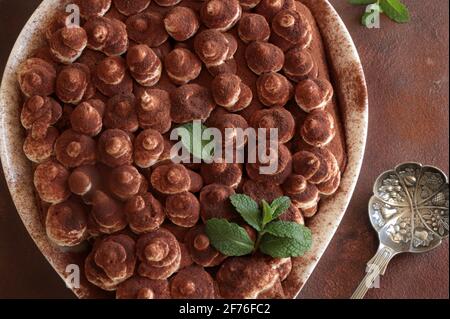 Tiramisu, dessert italien. Gâteau fait maison dans un plateau blanc avec biscuit au ladyfinger et crème mascarpone isolée sur fond marron. Directement au-dessus. Banque D'Images