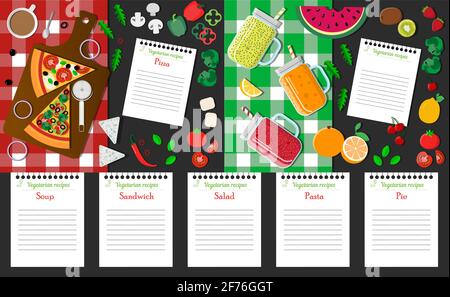 Avec des recettes végétariennes. Pizza végétarienne italienne, une feuille avec une recette et des ingrédients. Vue de dessus d'une table avec une serviette à carreaux et des tranches de pizza Illustration de Vecteur