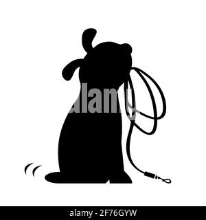 Un chien mignon est assis et tient une laisse dans ses dents. Demande de faire une promenade. Silhouette noire. Illustration de dessin animé à vecteur isolé Illustration de Vecteur