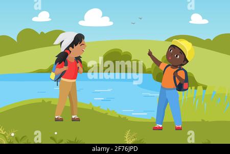 Les enfants font de la randonnée dans la nature en été paysage de lac, le scout d'enfant dans l'aventure de trekking ensemble Illustration de Vecteur