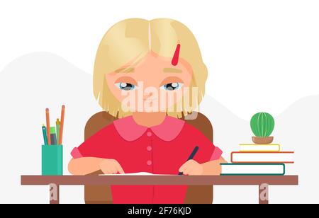 Les enfants étudient, l'éducation à la maison ou en classe, une jeune fille étudiante assise à table Illustration de Vecteur