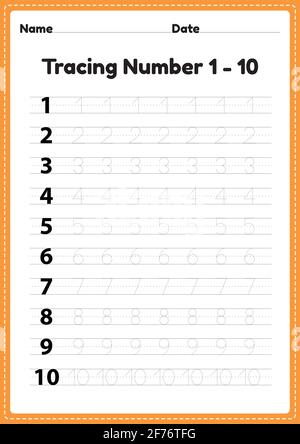 Feuille de travail numéro 1-10 pour les enfants de maternelle et d'âge préscolaire pour la pratique éducative de l'écriture manuscrite dans une page imprimable. Illustration de Vecteur