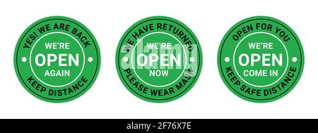 Nous sommes ouverts après la quarantaine en raison de COVID-19 (coronavirus). Restez à distance. Information réouverture de magasin, service, café, restaurant sont travail Illustration de Vecteur