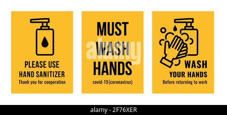 Jeu d'affiches de lavage des mains comme l'assainisseur pour les mains, doit se laver les mains et se laver les mains. Image vectorielle. Illustration de Vecteur