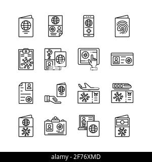Icônes de collection pour l'immunité aux virus Passeport, certificat passe, certificat immunitaire pour les voyages et le travail. Illustration de Vecteur
