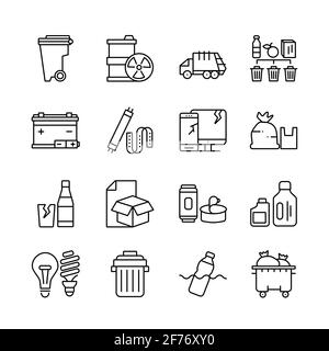 Ensemble d'icônes de lignes vectorielles liées à la corbeille. Contient des icônes telles que le recyclage, les déchets, les déchets organiques, le plastique, l'aluminium, Gaspillage et plus encore. Illustration de Vecteur